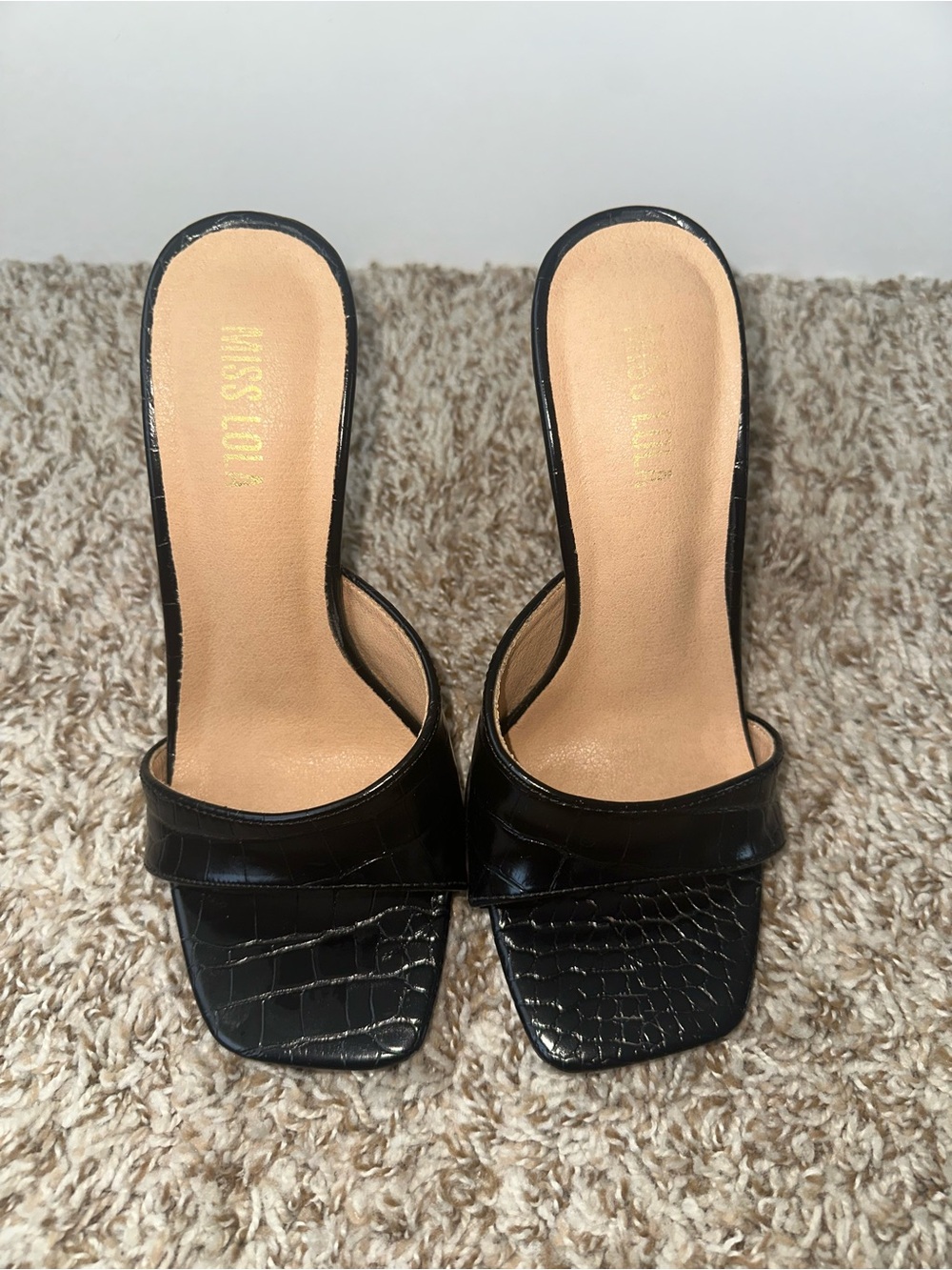 Miss Lola Black Croc-Embossed Slide Mules